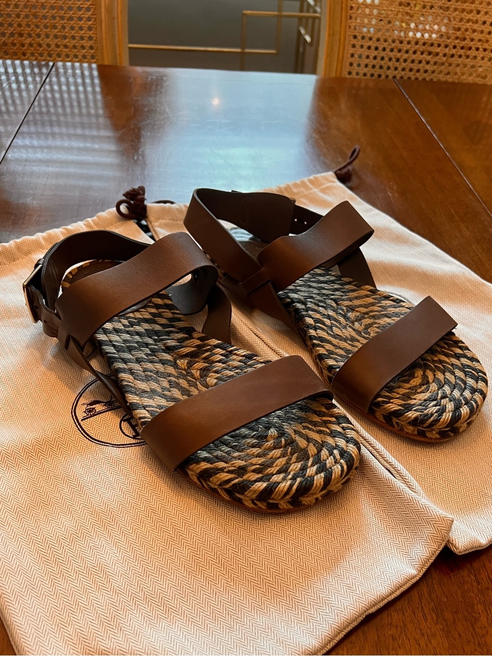 Hermes Men’s Brown Leather Strap Espadrilles Sandals Size 42 US 9 Dust Bags Nice